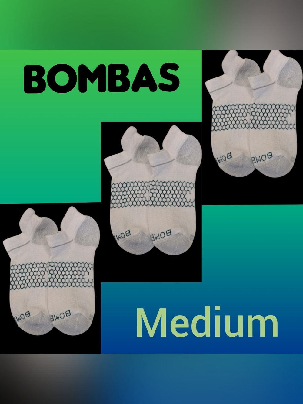 Bombas Ankle Socks 3 Pair BNWOT Hex•Tec Golf Medium White/Green/Gray